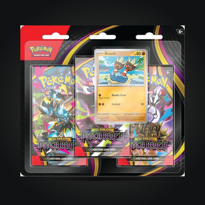Front of Pokémon TCG Mega Evolution Pitch Black 3-Pack Blister with Binacle promo card