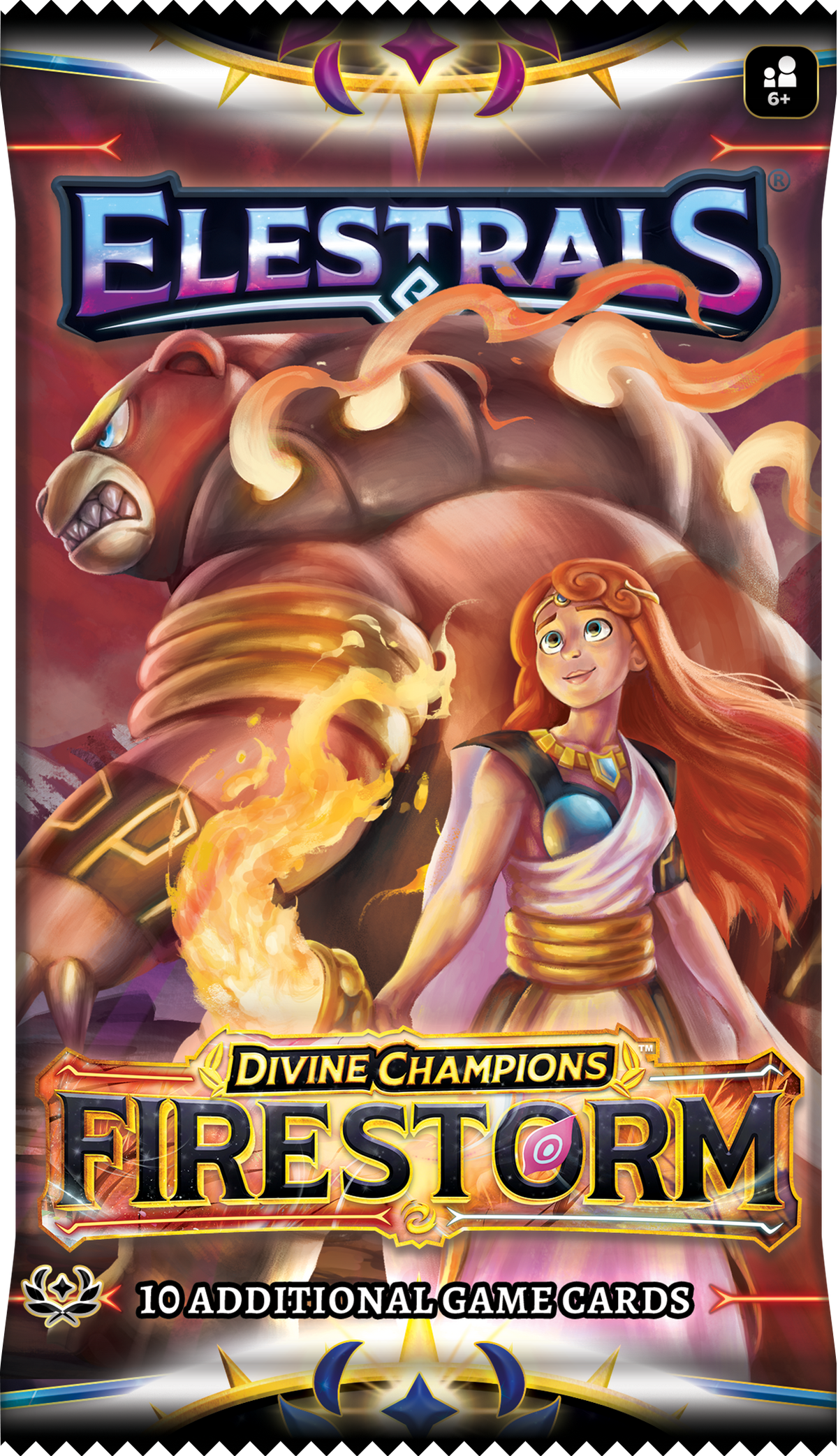Elestrals Divine Champions Firestorm booster pack artwork 1; pack artwork may vary