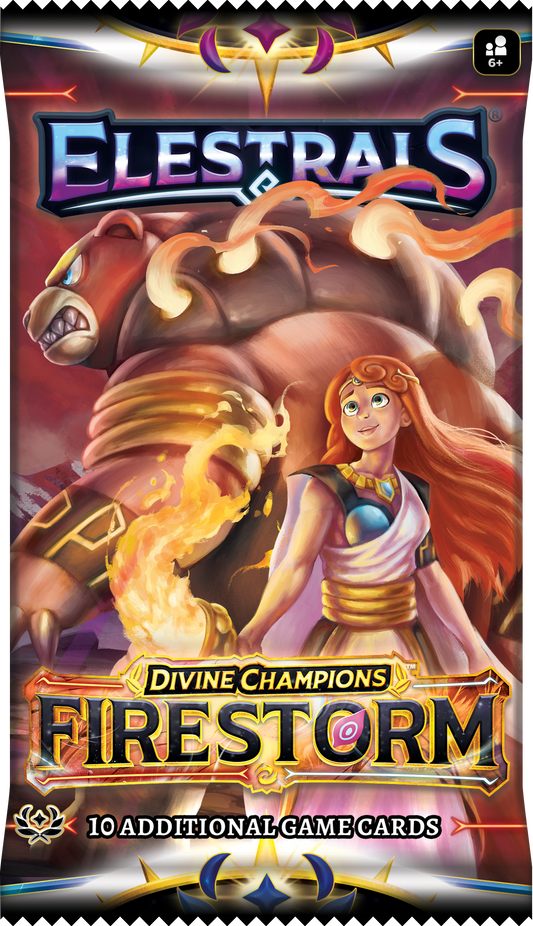 Elestrals Divine Champions Firestorm booster pack artwork 1; pack artwork may vary