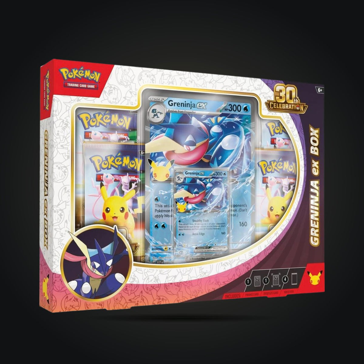 Greninja ex version of the Pokémon TCG 30th Celebration ex Box, with promo cards and four booster packs.