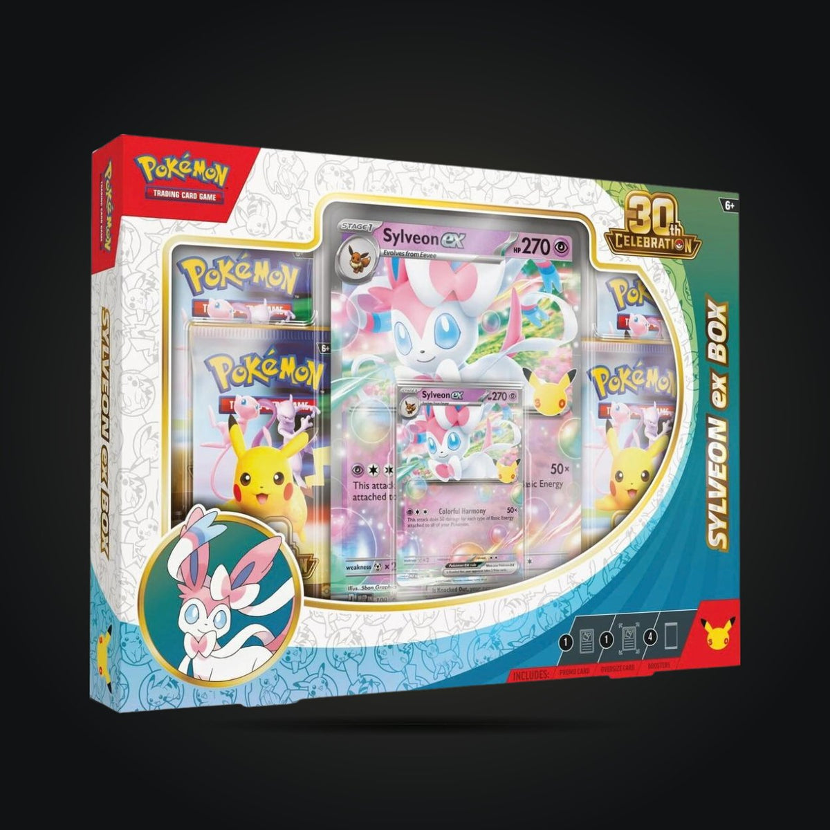 Sylveon ex version of the Pokémon TCG 30th Celebration ex Box, with promo cards and four booster packs.