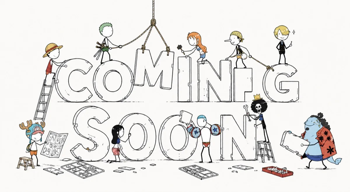 Stick-figure pirate crew building the words Coming Soon