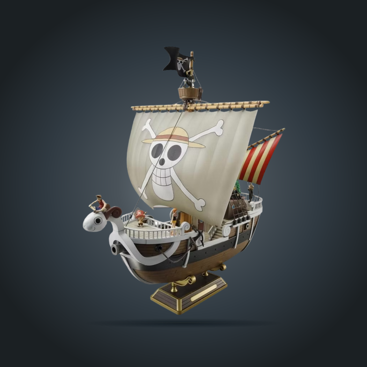 Bandai One Piece Going Merry 280 mm model kit, assembled example with crew figures and display base