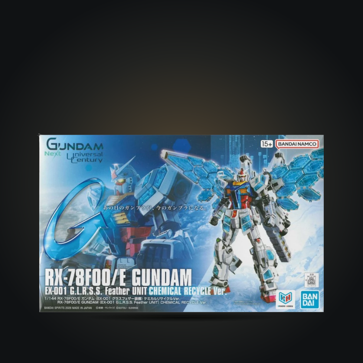 Bandai 1/144 RX-78F00/E Gundam with EX-001 G.L.R.S.S. Feather Unit Chemical Recycle Ver. model kit box